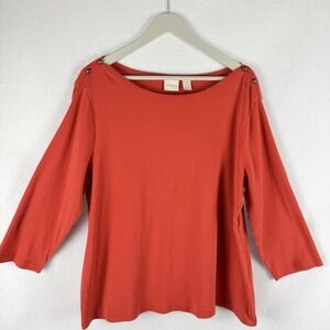 Chicos Womens Coral Top 3/4 Sleeve Pima Cotton Shoulder Detail Sz 3/XL *flaw*